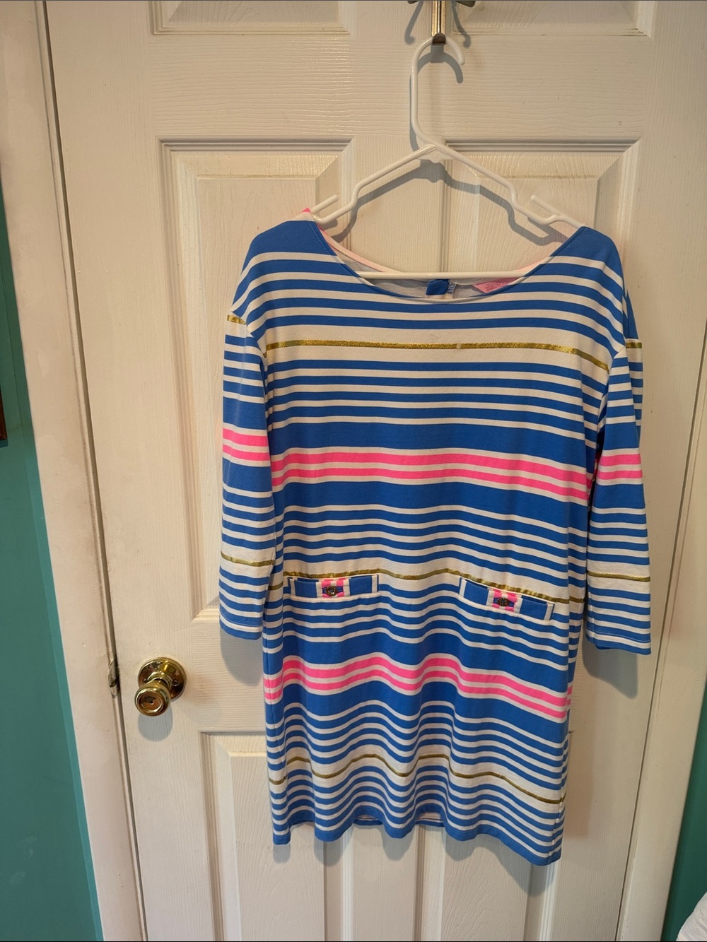 Lilly Pulitzer Blue, Pink & Gold Striped Casual Pocket Dress